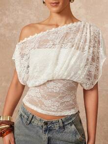 Conjunto de 2 piezas de verano casual y sexy de tela de encaje, diseño con botones, parte superior sin tirantes de manga corta, elegante y de moda para uso diario y vacaciones en color blanco - Blanco - Ver 7