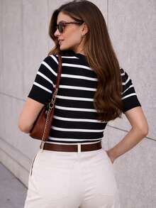 Women's Striped Modal Knit Blouse With Short Sleeves - 2026  - Versatile, Modern, Premium - Black Striped - View 2