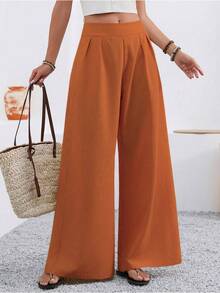 Quần ống rộng dáng suông màu trơn thời trang dành cho nữ, thanh lịch và tối giản cho mùa xuân. - trái cam - Xem 2
