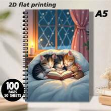 A5尺寸可爱螺旋笔记本，封面插画描绘了三只小猫和一只小老鼠舒适地窝在柔软的靠垫上读书，窗外是白雪皑皑的景色，室内则点缀着摇曳的烛光，营造出温馨愉悦的氛围。内页为横格纸，书写流畅，适合日常记录和自由写作，为生活增添一丝温暖和乐趣，是记录灵感和日常点滴的绝佳选择。 - L - 查看 7