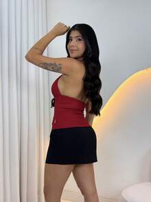 Women's Ribbed Tank Top In The Color Of The Year. Great Fit. Basic And Easy To Match. Minimalist With V-Neck And Neck Tie. Summer. - 紅色 - 查看 3