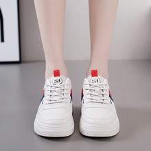 Tenis de mujer casuales con plataforma de suela gruesa para aumento de altura, zapatillas blancas mujer de cuero sintético PU con diseño retro de combinación de colores y cordones, zapatos para mujer calzado deportivo cómodo transpirable y antideslizante, tenis deportivos para mujer oferta ligeros y versátiles para uso diario de estilo casual y moda. - Rosa Fucsia - Ver 4