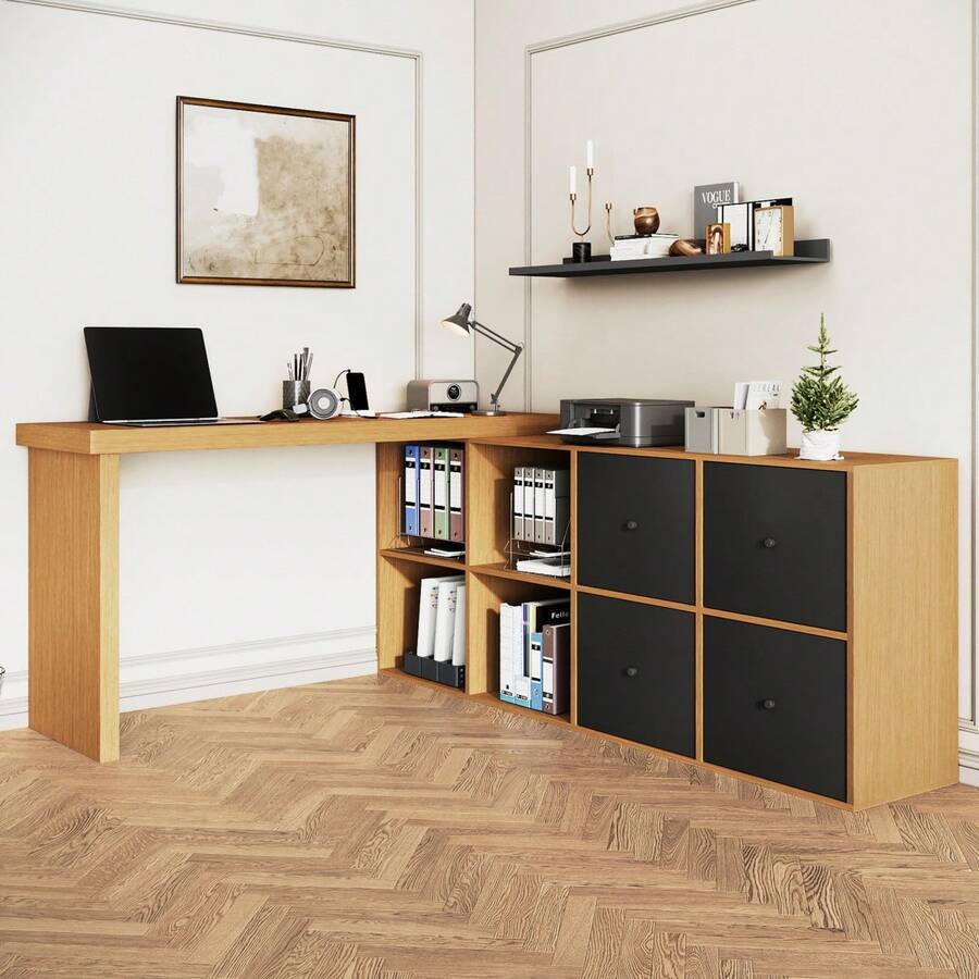 Home Office Desks - Black + Oak + MDF - View 1