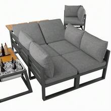 Modular Outdoor Sofa Set With Adjustable Backrest, Folding Armrests And Metal Ice Bucket, 10 Cm Thick Cushions For Terrace, Balcony, Poolside, Grey/Beige - 灰色 - 查看 7