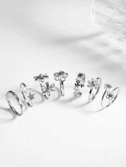 7pcs Elegant Stainless Steel Silver Rings Set For Women, Includes Butterfly, Flower, Heart, Moon Elements, Suitable For Daily Wear, Summer Jewelry