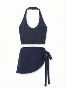 女士藏蓝色亮片针织两件套，性感露脐吊带上衣和系带迷你裙，闪亮薄纱夏季沙滩派对装扮 - 藍色 - 查看 6