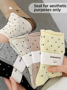 1/5 Pairs Layered Cream Polka Dot Women's Mid-Calf Socks, Rolled Edge Polka Dot Knee-High Socks, Suitable For Summer, Autumn, All Seasons, Random Color Layered Socks, Polka Dot Socks, School Style, Versatile Daily Wear, Breathable And Comfortable, Unisex - Multicolor - View 2