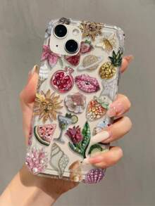 Lips 1pc Airbag Bead Embroidered Pomegranate Lip Pattern Full Coverage TPU Shockproof Phone Case Compatible With Apple 16, 15, 14, 13, 12, 11 Pro Max, Series - Multicolor - View 1