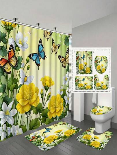 1/4 Piezas Juego de Cortina de Ducha con Flores y Mariposas - Flores amarillas vibrantes y mariposas coloridas sobre fondo verde, decoración de baño de poliéster con 12 ganchos, disponible en varios tamaños, fácil de limpiar e instalar, Cortina de ducha de baño