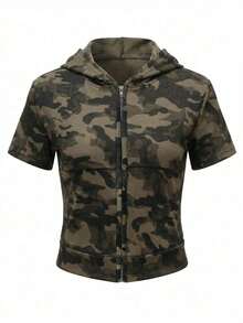 Áo cardigan/áo croptop phong cách đường phố Hàn Quốc mùa hè, dáng ôm, tay ngắn, họa tiết rằn ri, có mũ trùm đầu. - xanh quân đội - Xem 3