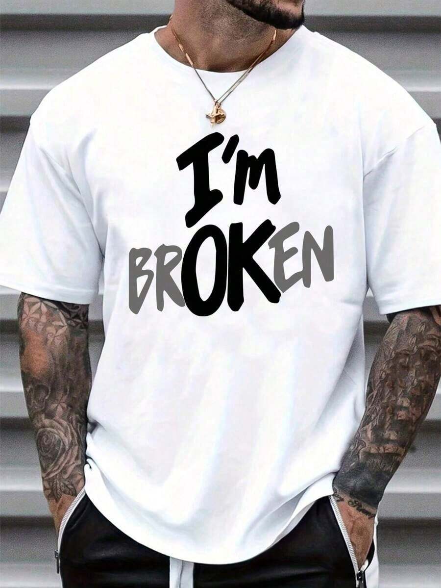 S100% Cotton Unisex Round Neck Short - Sleeve T - Shirt: "I'm Broken" Bold Statement Summer Men's TopSoft Fabric - 白色 - 查看 1