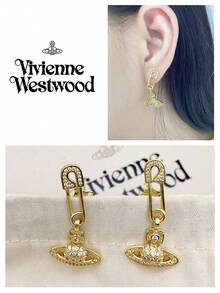 Vivienne Westwood Lucrece Collection Pin Saturn Earrings Gold Tone, Brass, Rhinestone Embellished - 金色 - 查看 4