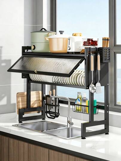 Escorredor de louça moderno com tampa, para instalação acima da pia (1 unidade) - Versátil, equipado com ganchos para utensílios de cozinha, suporte para tábua de corte e prateleiras ajustáveis. Pode acomodar pratos, xícaras e tigelas. Ideal para uso em bancada, permite armazenar pequenos acessórios. Design para instalação sobre o armário, resistente e durável, com elegante textura metálica.