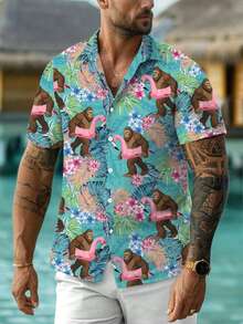 Pattern Shows A Cheerful Tropical Jungle Where Playful Gorillas Hold Bright Pink Flamingos Among  Leaves And Vivid Flowers 3D Printed Men's Short Sleeve Hawaiian Shirt Casual Button Up Beachwear - 白色 - 查看 2