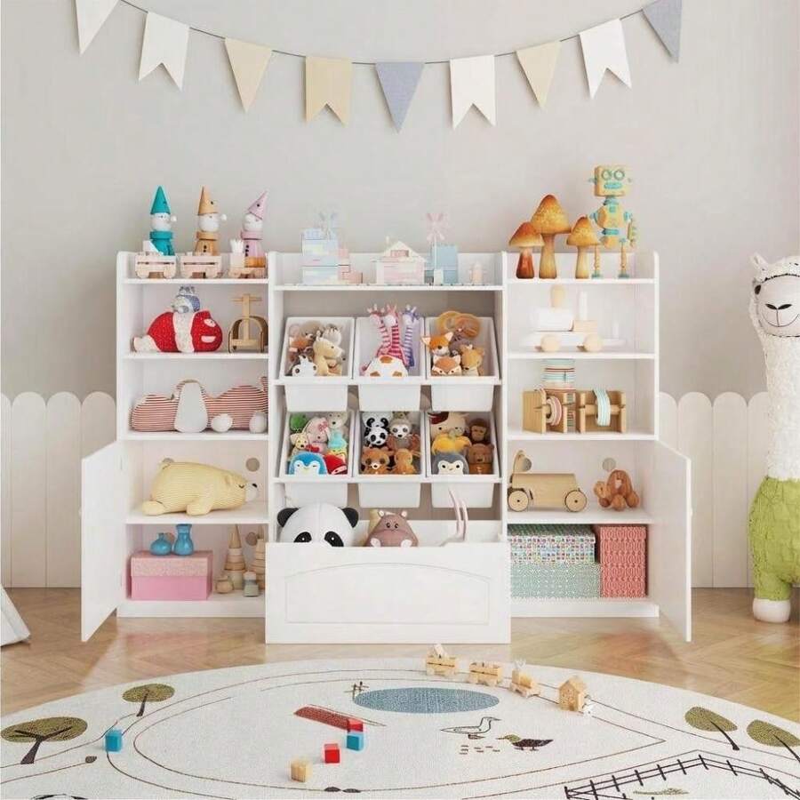 Huisuilinss Toy Storage Organizer,Toy Organizers And Storage With 6 Removable Bins & 6 Cubbies,Kids Bookshelf Bookcase With Movable Chests For Playroom Bedroom Classroom Kindergarten - White - View 1