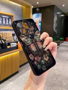 1个深色花卉蝴蝶图案防震手机壳，UV印刷，适用于三星/Galaxy/安卓机型 - 黑色 - 查看 6