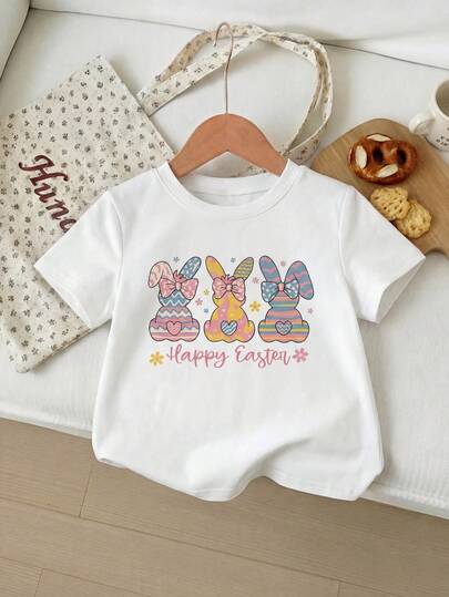 女童卡通短袖彩色条纹兔子印花休闲上衣，简约学院风夏季款