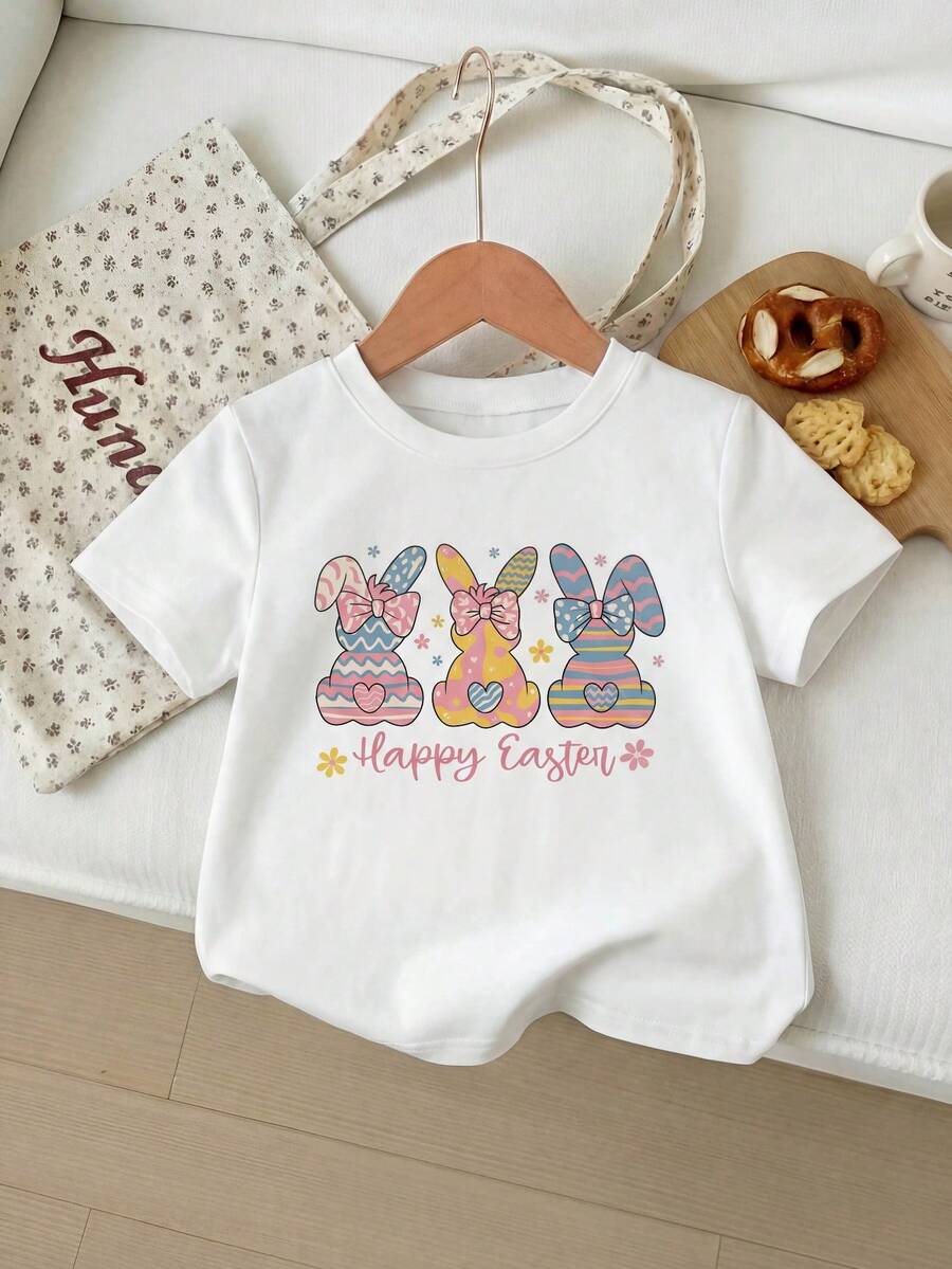 Blusa casual de manga corta con estampado de conejo a rayas coloridas, estilo universitario sencillo para el verano para niñas - Blanco - Ver 1
