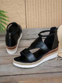 New Casual Hemp Rope Woven Wedge Platform Roman Sandals, Black Open Toe Hollow Out Holiday Sandals For Women - Black - View 6