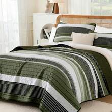 Quilt Set Queen Size Sage Green Striped Bedding Set 3 Piece Lightweight Bedspreads Coverlets Set Soft Microfiber Summer Striped Quilts With 2 Pillowcases All Season Patchwork Comforter Set 96"*90" - Sage Green - Ver 3