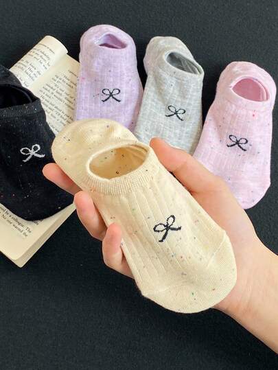 5 Pairs Polka Dot Bow Design Women's Boat Socks, Non-Slip Comfortable Breathable, Suitable For Spring And Summer