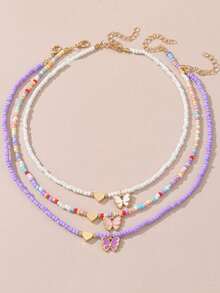 Conjunto de 3 collares hechos a mano con cuentas de arroz estilo bohemio, diseño de corazón blanco, joyería colorida para niñas - Multicolor - Ver 4
