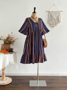 大码女式波西米亚风多色条纹印花连衣裙，适合海滩、休闲、度假等各种场合，优雅夏季之选 - 彩色 - 查看 6