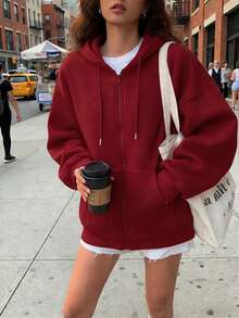 新款女士基础款藏蓝色拉链连帽抽绳宽松卫衣，秋冬款 - 紅色 - 查看 6