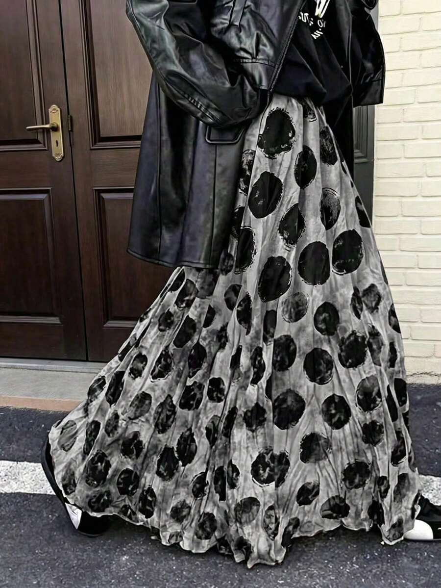 Chân váy dài chấm bi EARO dành cho nữ, eo chun, chất liệu vải không co giãn, thích hợp mặc hàng ngày hoặc đi nghỉ mát. - Xám - Xem 1