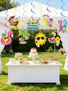 16pcs/1set Hawaiian Luau Birthday Party Hanging Swirl Decor,Summer Beach Party Hanging Decor,Hawaiian Party Decor,Tropical Palm Flamingo Hanging Swirls Streamers Beach Theme Decorations For Summer Birthday Wedding Hawaii Theme Party Supply. - A - View 6