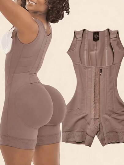 Women's One-Piece Shapewear - Body Contouring Workout & Formal Attire, Front Zipper Closure, Brown/, Posture Correction & Figure Enhancement, Non-Padded For Natural Curves, Seamless Undergarment, Sleek Bodysuit Design, Smooth Fabric, Waist Trainer, Casual Attire