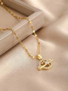 1pc Elegant And Charming Personalized Copper Set Zirconia Moon Star Pendant Necklace Children's Necklace Girl Birthday Gift Valentine's Day Jewelry Beach Vacation Jewelry Accessories - Gold - View 3
