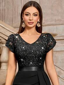 MIUSOL Elegant Sequin Lace Puff Sleeve Ruched Split Thigh Cocktail Party Bodycon Dress,Semi Formal Women Dress,For Wedding Guest, Graduation, Dinner - Black - View 10