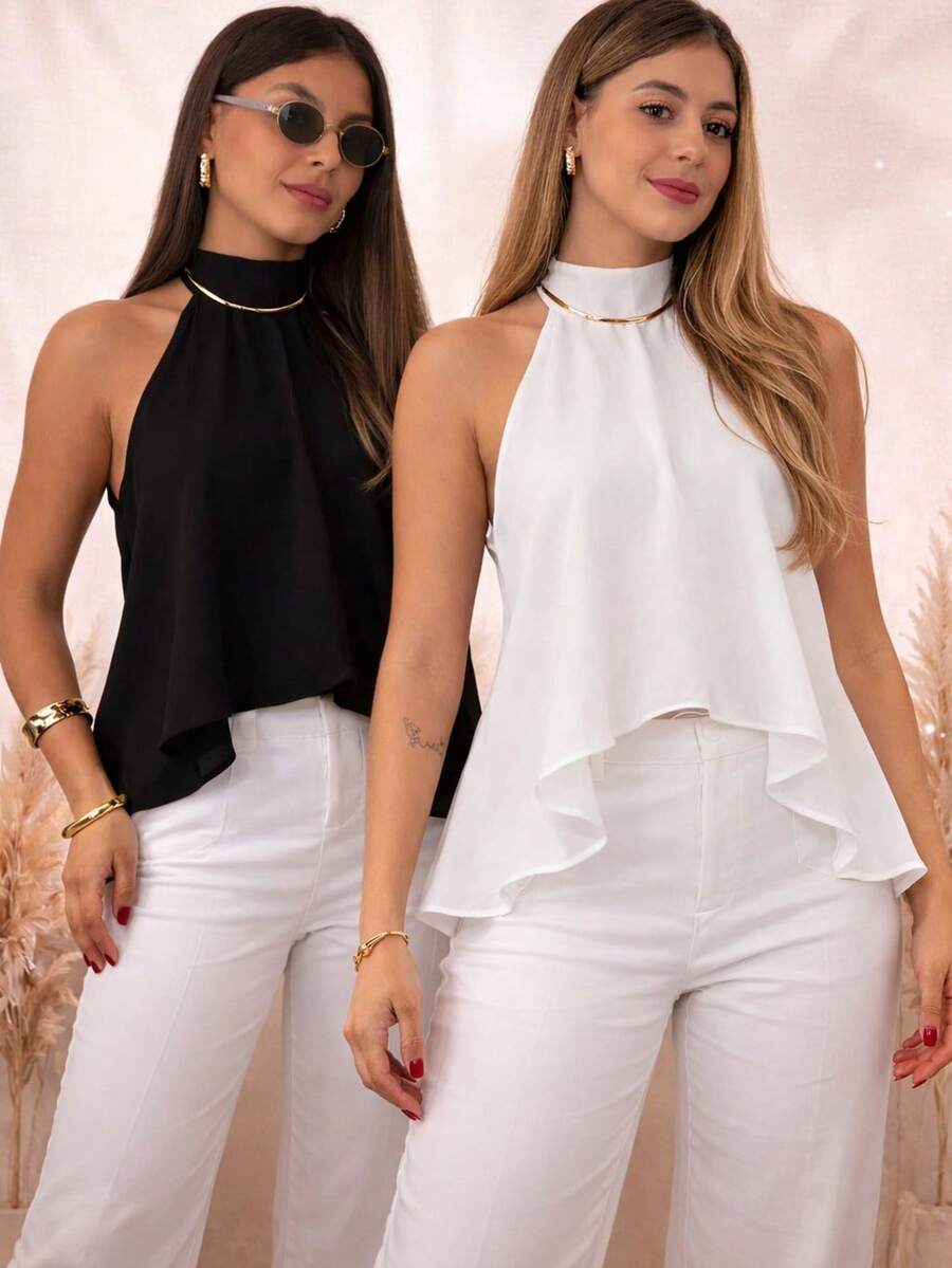 Women's Blouse With High Neck And Asymmetrical Neck Tie - 黑白 - 查看 1