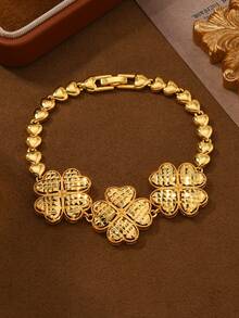 1件中东沙特阿拉伯风格镂空四叶草链手链，金色铜质，送给家人和朋友的礼物 - 金黃色 - 查看 2