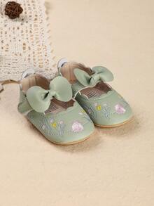 1 Pair Newborn Infant Girl Flower Bow Decor Fashion Versatile Princess Shoes, Suitable For Spring & Autumn - Green - View 3