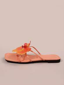 French Style Flower Decor One-Strap Flat Sandals, Suitable For Dates, Shopping, Gatherings, Parties, Commuting, Business, Summer - Coral Orange - View 3