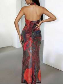 Vestido de festa elegante e sensual com estampa em tule transparente e costas nuas da DOUCIU - Multicolorido - Ver 3