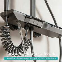 数字显示钢琴键淋浴系统，壁挂式12英寸雨淋式花洒套装，高压手持喷头，无需电源的浴室配件 - 深灰色 - 查看 6