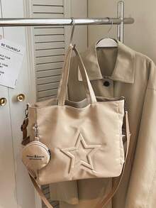 新款时尚休闲帆布材质星形图案多口袋女士手提包带零钱包 - 卡其色 - 查看 8