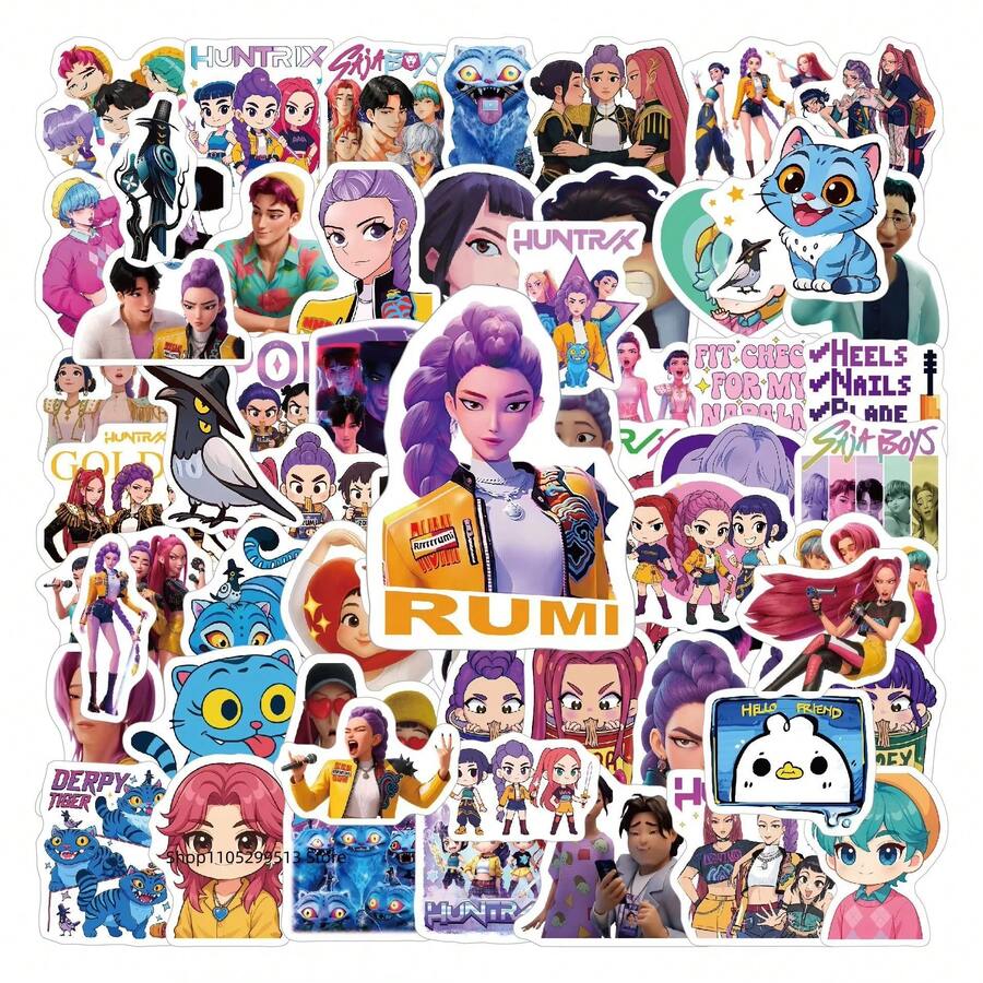 70pcs Idol Cartoon Pattern Waterproof Stickers, Glossy Stickers Suitable For Laptop, Luggage, Water Bottle - Multicolor - View 1