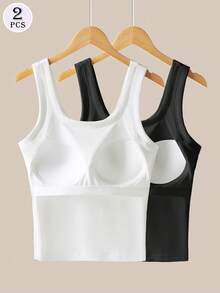 Bộ 2 áo hai dây không đường may mới, có đệm ngực tích hợp, áo tank top ôm sát đa năng, áo hai dây có đệm ngực gân cho nữ, phù hợp mọi mùa. - Nhiều màu - Xem 1