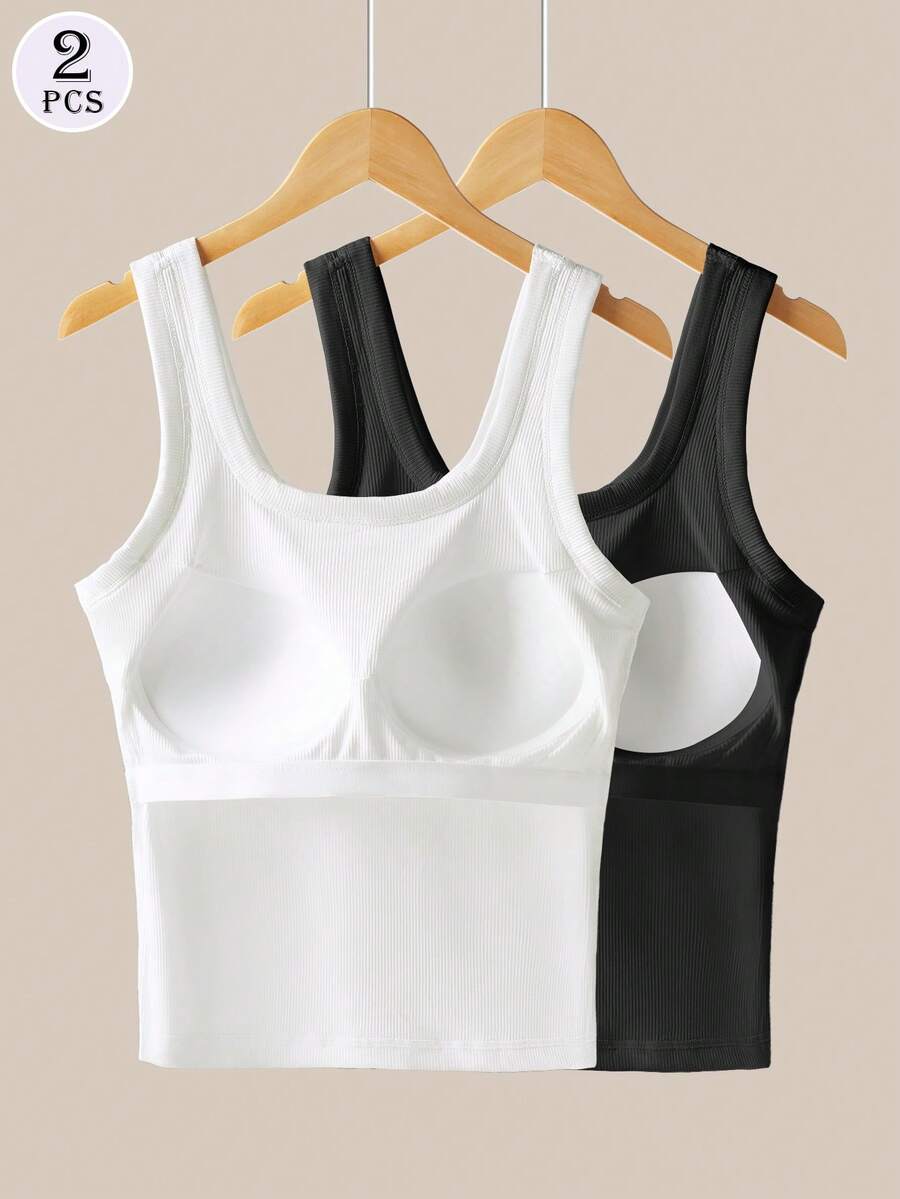 Bộ 2 áo hai dây không đường may mới, có đệm ngực tích hợp, áo tank top ôm sát đa năng, áo hai dây có đệm ngực gân cho nữ, phù hợp mọi mùa. - Nhiều màu - Xem 1