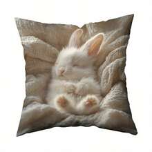 1 Easter Fluffy White Angora Rabbit Sleeping On A Soft Blanket Pillowcase, Machine Washable, Suitable For Living Room, Bedroom, Sofa And Bed - Suitable For All Room Styles, Double-Sided, No Pillow Core, Perfect Home Decoration And Holiday Gift - 1PC - View 3
