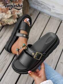 Women's Rivet Decor Thick Sole Comfortable Versatile Slide Sandals With Metal Buckle, Suitable For Summer Outdoor Wear - Black - View 2