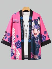 玫瑰印花七分袖宽松和服开衫，动漫风格外套 - 玫瑰紅 - 查看 3