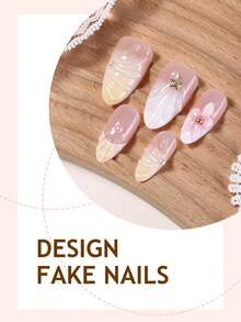 10片装中长款杏仁形Y2K风格亚克力花朵假指甲套装，法式贝壳形凝胶美甲贴片，3D装饰，饰有星星、金色、白色珍珠，适合女性日常佩戴、节日和派对，或作为礼物。 - 彩色 - 查看 4