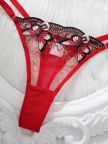 女士两件套红色蝴蝶刺绣薄纱网眼钢圈文胸和丁字裤内衣套装 - 紅色 - 查看 7