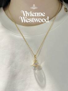 Vivienne Westwood Bộ sưu tập mặt dây chuyền Tiny Orb mới, dây chuyền Aurora Pilot cỡ trung, mạ vàng, bằng đồng thau, đính đá lấp lánh. - Vàng - Xem 2