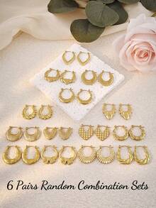 6 Pairs Random Assorted Women Earrings Set, Including Textured Hoop Earrings, Hammered Heart Earrings, Gold Tone Combo Earrings, Vintage Jewelry, Summer Beach Vacation Swimwear Accessories, Attractive Outfits, Wedding Dress Accessories - Versatile Jewelry Suitable For Swimming, Bathing, Workout, Great Gift For Valentine's Day, Birthday, Mother's Day, Easter - Gold - View 8